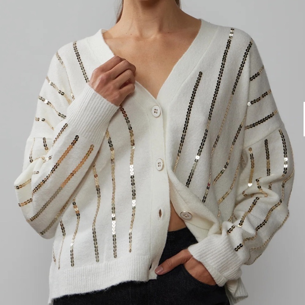 New York & Company Drop Shoulder Sequin Stripe Cardigan Sweater Medium NEW